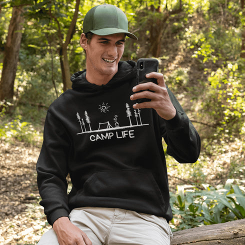 This hoodie Features a laid-back campsite logo, it’s made for folks who think burnt marshmallows are gourmet, tents are luxury suites, and every log is a potential chair.